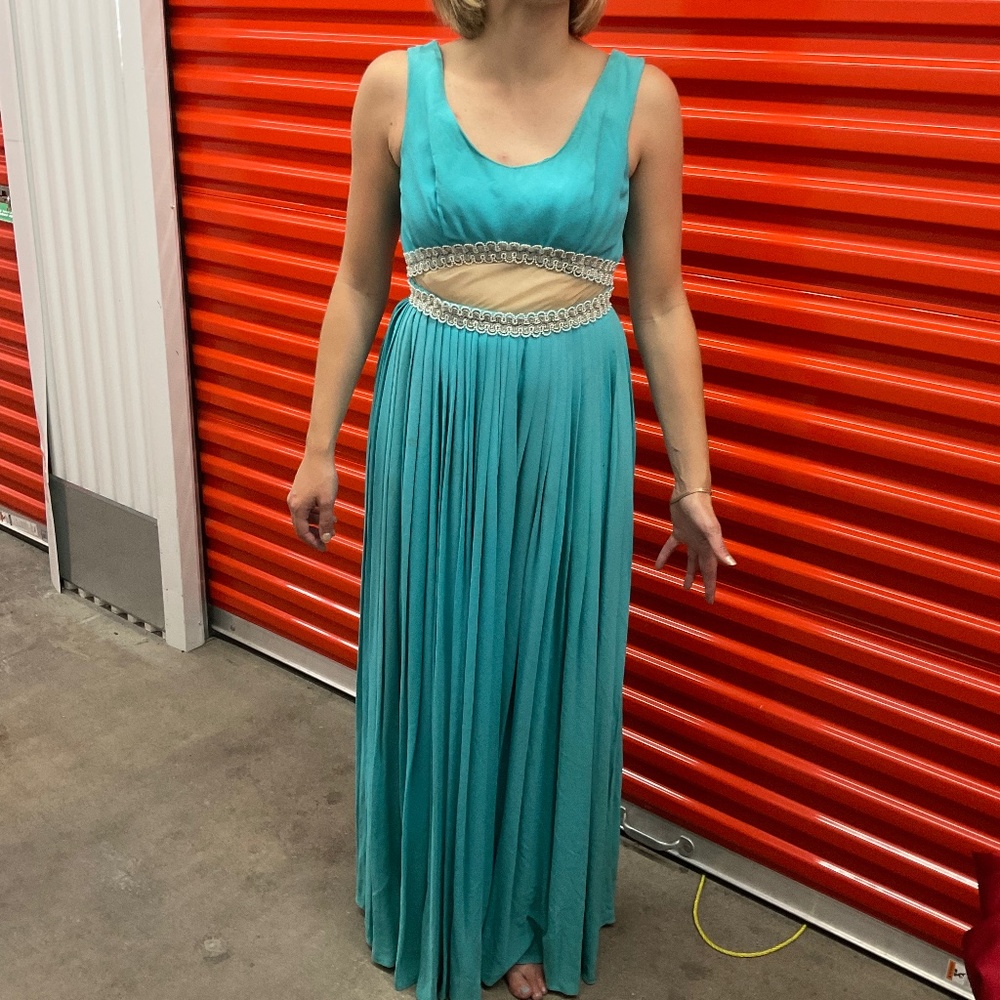 1970s Sheer Torso Panel Teal Beaded Vintage Evening Romper